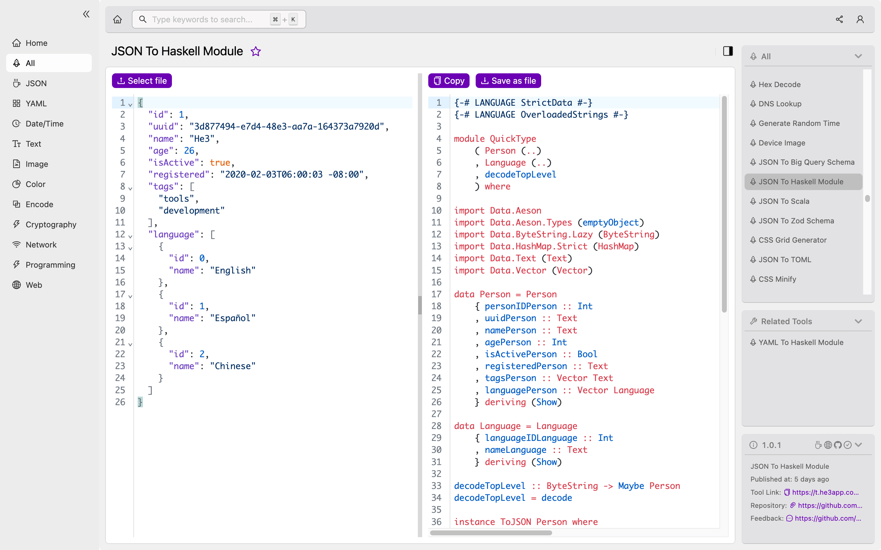 JSON To Haskell Module